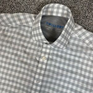 Twillory Mens Performance Gingham Dress Shirt Grey White Trim Fit 15 32-33